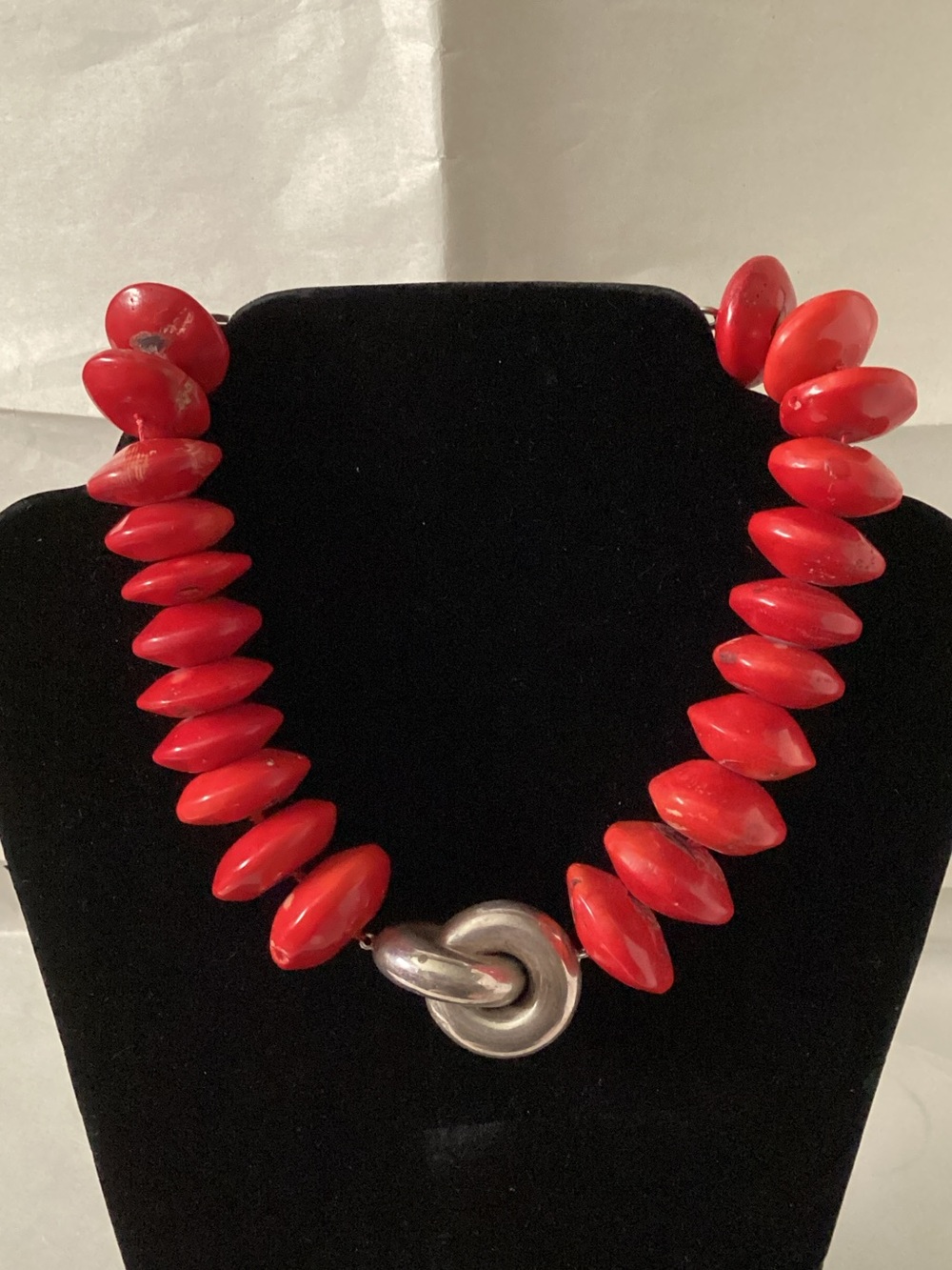 Bold Red Bead Statement Necklace with sterling Silver Knot